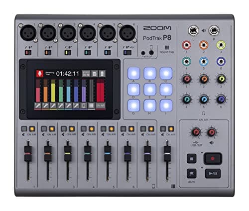 Image of ZOOM PodTrak P8 podcast recorder, 13-track mixing studio, 6 XLR microphone inputs with phantom power, USB audio interface for professional podcast recordings, colour LCD touchscreen