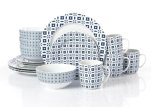 Image of Waterside 16pc Blue & White Geo Porcelain Dinner Set; 4 Dinner Plates, Side Plates, Deep Bowls & Mugs - Dishwasher & Microwave Safe