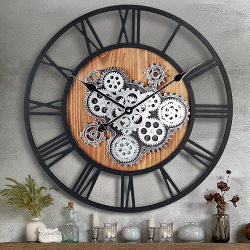 Image of Lafocuse 23 Inch Wooden Real Moving Gears Wall Clock Black,Large Wall Clock Oversized Vintage Rustic Farmhouse Industrial Clocks for Living Room Decor