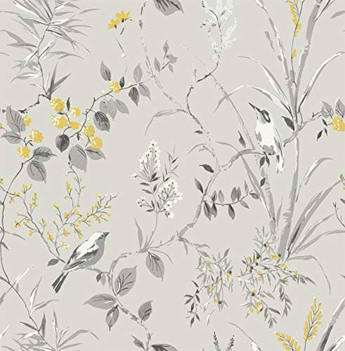 Image of Floral Birds Wallpaper Grey Yellow Metallic Flower Shimmer Fine Decor Mariko from Y�L