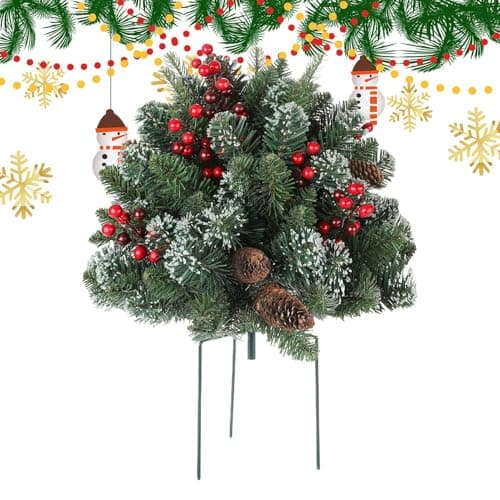 Image of Christmas Tree Stake with Cones - Garden Sticks with Red Berries | Festive Art Tips, Ground Insert Signs for Pathway, Lawn, Backyard, Outdoor, Spring Garden, Holiday Home Decoration