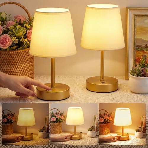 Image of Warmiehomy Touch Bedside Lamps Set of 2, Modern 3-Level Dimmable Table Lamp, Portable USB Rechargeable Small Touch Lamps Bedside Night Light for Bedroom, Living Room, Nightstand (Bulb Included), Gold