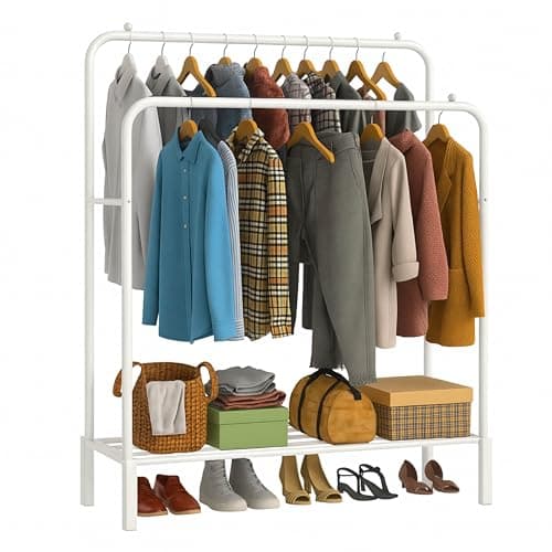 Image of DIVCHI Double Rail Clothes Rack Heavy Duty Freestanding Metal Garment Organizer Stand with Dual Hanging Bars & Bottom Storage Shelf & Hook for Bedroom Laundry Room & Entryway (White)