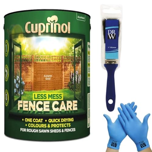 Image of Cuprinol Less Mess Autumn Gold Fence Care Stain 6L + Free 4 Inch Fence Paint Brush & Nitrile Gloves – One‑Coat Coverage, Quick Drying, Rich Colour & Low Odour