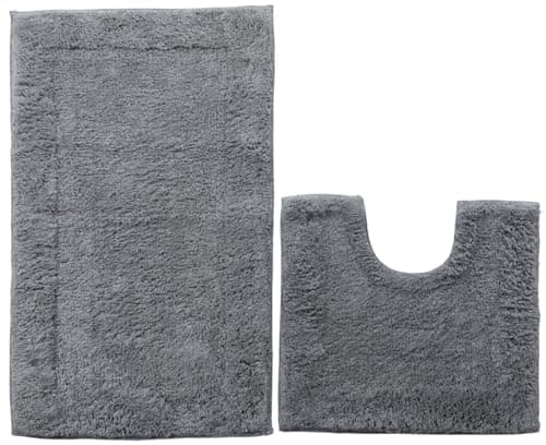 Image of Adore Home 2 Piece Bath Mat & Pedestal Set with Non Slip Backing, 100% Cotton, Grey