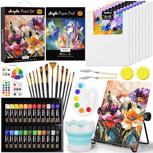 Image of Nicpro 68PCS Acrylic Paint Canvas Set, Art Painting Supplies Kit with 24 Paints,Table Easel,8 Canvas Panels,12 Brushes,Paper Pad,Cleaning Cup,Sponge,Palette for Artist Beginner