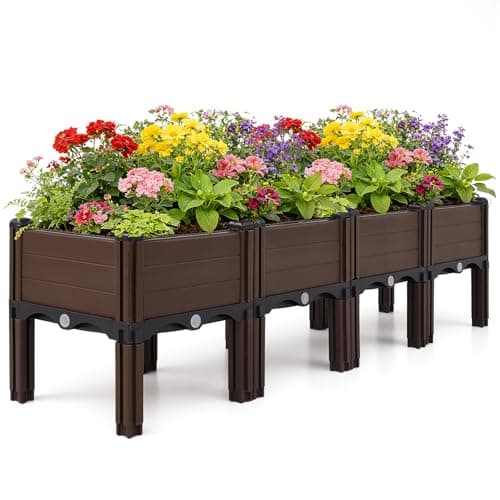 Image of Warmiehomy Raised Garden Kits Self Watering, Outdoor Planters with Drainage Holes, Elevated Plastic Planter Box for Vegetables, Flowers and Herbs, 120x30x33cm, Brown
