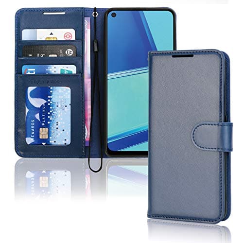 Image of TECHGEAR Leather Wallet Case for Oppo A72 / A52 / A92, Flip Protective Case Cover with Wallet Card Holder, Stand & Wrist Strap - Blue PU Leather with Magnetic Closure