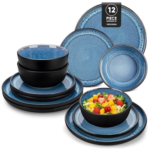 Image of vancasso Playa Blue Dinner Set for 4, 12-Piece Mediterranean Stoneware Crockery Set, Reactive Glaze Dinner Service with Dinner Plates, Dessert Plate and Cereal Bowls