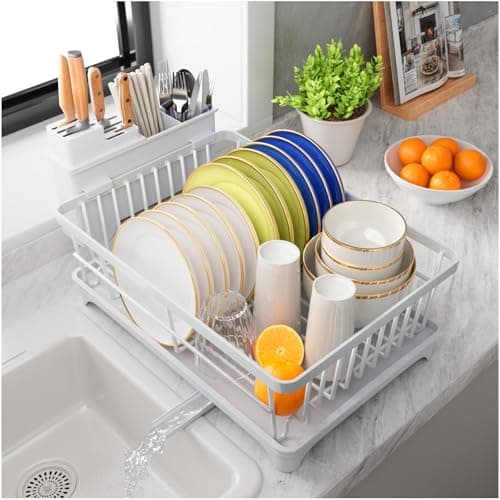 Image of PurKeep Dish Drainer Rack - Dish Rack with Utensil Holder for Kitchen Counter Space-Saving, Large Capacity Dish Drying Rack with Draining Board, White