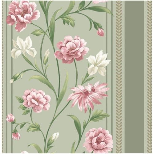 Image of Raya Sage Green Pink Floral Stripe Wallpaper - Feature Statement Wall - 10.05m x 53cm Roll - Contemporary Versatile Sophisticated - Washable Paste The Paper - Bedroom Lounge Living Room Wallcovering