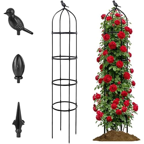Image of Garden Obelisk Trellis for Climbing Plants 175cm, Weatherproof Plastic-Coated Steel Plant Support with 3 Finials,Adjustable Height Tower for Indoor Outdoor Potted Roses,Sweet Pea,Clematis, Black