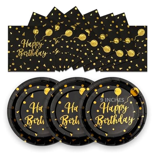 Image of LAWALEISHE 50Pcs Happy Birthday Paper Plates and Napkins, 9" Black Gold Disposable Plates for Parties, Paper Dessert Cake Plates, Strong Party Tableware Set 25 Guests for Birthday Decorations