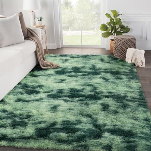 Image of SOANNY Rugs Living Room, Soft Fluffy Tie-Dye Area Rug, Non-Slip Machine Washable for Bedroom, Dorm, Bedside, Lounge, Office, Nursery, Playroom, 90x150 cm, Dark Green