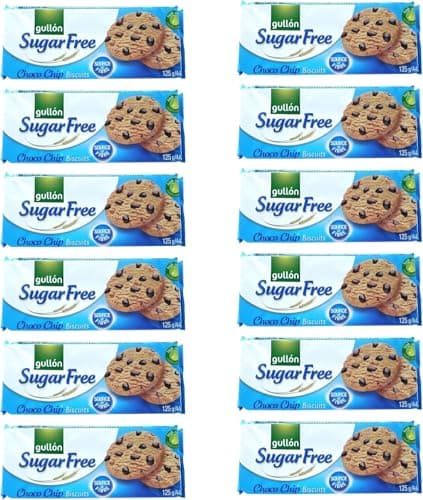 Image of Gullon Sugar Free Chocolate chip biscuits cookies 125g, Sugar free snack is great choice for diabetics Gift for family and friends (125g (Pack of 12))