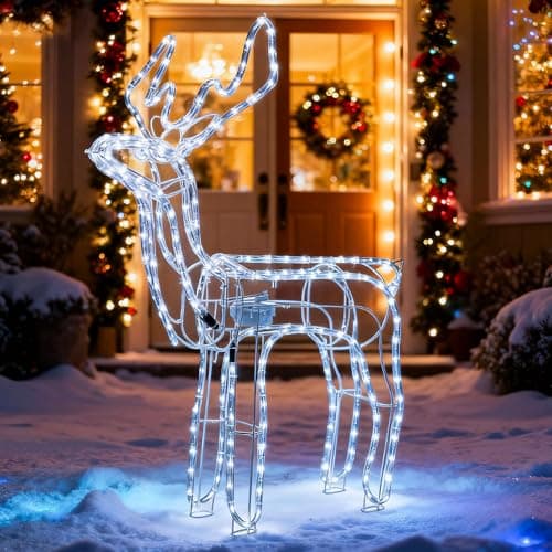 Image of LEDYA Animated Head-Moving Christmas Reindeer Light, 216 LEDs Cool White, Large 89 cm Light Up Reindeer, Indoor/Outdoor Christmas Decoration with Timer, Mains Powered for Festive Home, Garden or Porch