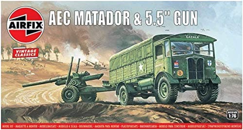 Image of Airfix Vintage Classics Set - A01314V AEC Matador & 5.5inch Gun - Plastic Model Tank Kits for Adults & Children 8+, Set Includes 67 Pieces, Sprues & Decals - 1:76 Scale Model Tank Set