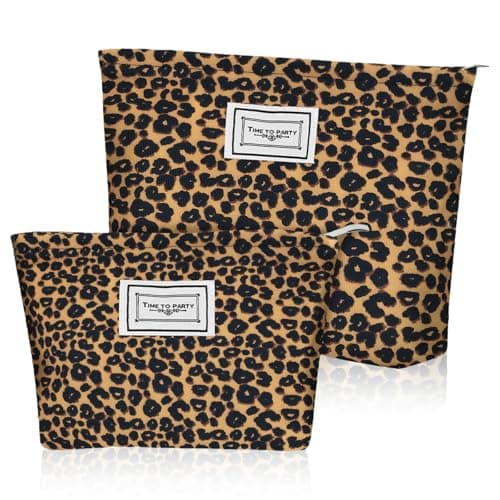 Image of Aucuu Cosmetic Bags, 2 Pcs Leopard Print Cosmetic Bag, Leopard Print Printing Toiletry Bag, Multifunctional Travel Makeup Bag with Metal Zipper for Women Girls Gift