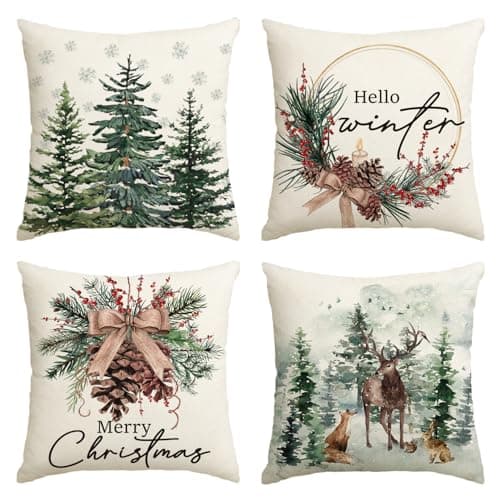 Image of Artoid Mode Pine Trees Reindeer Christmas Cushion Covers Set of 4, 40x40 cm Winter Xmas Decorative Pillow Case Cover Sofa Living Room Decor
