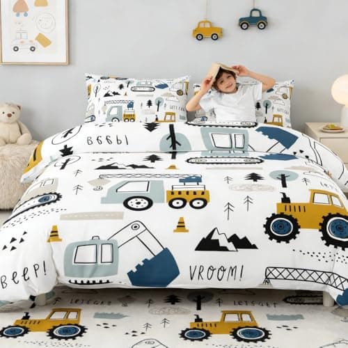 Image of Loussiesd Cartoon Car Kids Bedding Set Construction Duvet Cover for Gift Boxes Christmas Decor Equipment Trucks Comter Excavator Tractor White Yellow Bedspread Bedroom Single 2Pcs