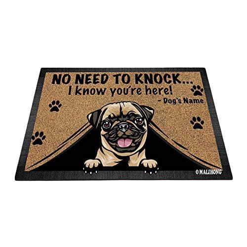 Image of BAGEYOU Personalized Doormat Peeking Dog Pug No Need to Knock I Konw You're Here Floor Mat 23.6 x 15.7 Inch