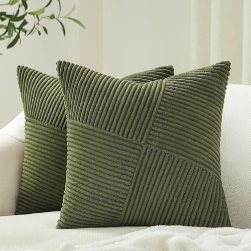Image of Topfinel Olive Green Cushion Covers 45x45 cm 18x18 Inch Set of 2 Corduroy Patchwork Pinwheel Throw Pillow Cases with Invisible Zipper Decorative Sofa Cushion Covers for Living Room Bedroom Sofa Bed