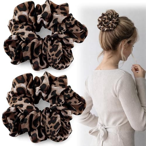 Image of 2-Pack Leopard Print Scrunchie for Ponytails & Hair - Stylish Satin Fabric with High Elasticity, Large Size, Soft & Flexible Design, Durable All-Day Hold, Ideal Hair Accessory for Adults (Large-A)