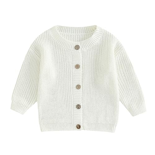 Image of Geagodelia Toddler Baby Girl Boy Warm Sweater Cardigan Long Sleeve Solid Color Button Down Knitted Pullovers Tops Shirt Knit Jumpers Sweatshirt Winter Warm Chunky Knitwear (White, 0-3 Months)