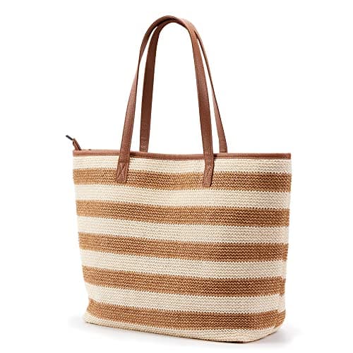 Image of KALIDI Straw Tote Beach Bag Striped Shoulder Handbag Stitch Woven PU Leather Handle Zipper Closure Inner Pocket Travel Shopping Picnic