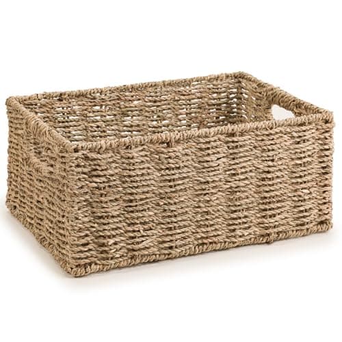 Image of Woodluv Storage Baskets for Shelves, Woven Seagrass Hamper Gift Basket Bathroom, Bedroom, Storage Organiser Toys Shelf Basket, Large