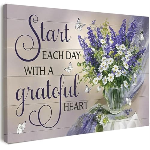 Image of Qiukoo Canvas Wall Art Framed – Purple Flower Vase Artwork with Inspirational Quote, Floral Wall Decor for Bedroom, Living Room, Entryway or Hallway Home Decoration, with Hooks and Nails, 12x16 Inch
