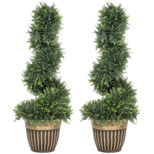 Image of HOMCOM Set of 2 Decorative Artificial Plants Topiary Spiral Cypress Trees in Pot, Fake Plants for Home Indoor Outdoor Decor, 90cm, Green