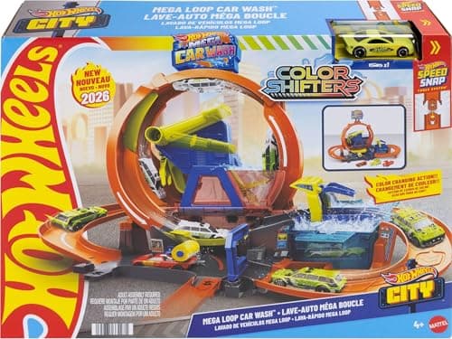 Image of Hot Wheels Toy Track Set, City Mega Loop Car Wash Playset with 1 Hot Wheels Color Shifters in 1:64 Scale, Repeat Color Change while Stunting & Racing, JHL97