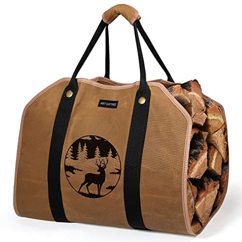 Image of ART-GIFTREE Large Firewood Carrier Waxed Canvas Logs Carrier Tote Bag with Handles, 39 X 18 Heavy Duty Wood Holder for Fireplace - Reindeer