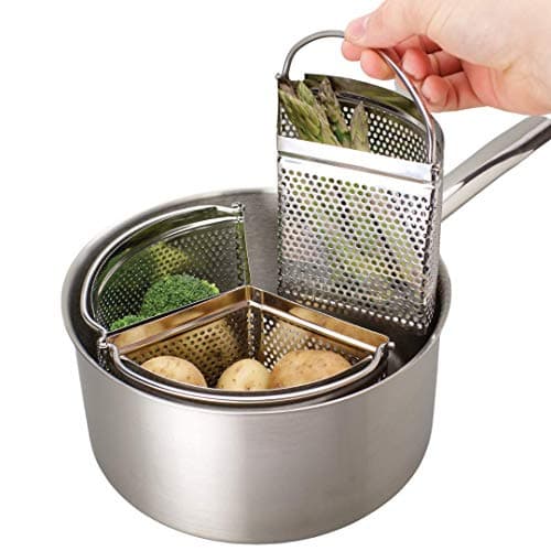 Image of Family Saucepan Triple Pan Divider Separator Set - Saves Cooking Space & Energy. Three Part 18cm Stainless Steel Strainer. Vegetables, Potatoes, Boiled Eggs. Pan Not Included. Caravan Accessory