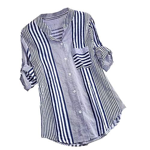 Image of Striped Blouse for Women UK, Ladies Linen Shirt Elegant Summer Button Down Roll Up 3/4 Sleeve T-Shirts Grandad Collar Casual Loose Cotton Office Work Tee Longline Tunic Tops Plus Size Blue