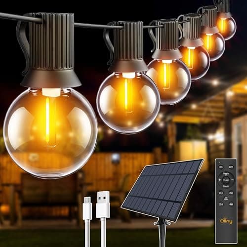 Image of Ollny Solar Lights Outdoor Garden 20m Waterproof Festoon Light with Remote, USB LED String with 3 Modes 30+2 G40 Shatterproof Bulbs, Lighting for Outside Pergola Gazebo Patio Yard Porch Party Decor