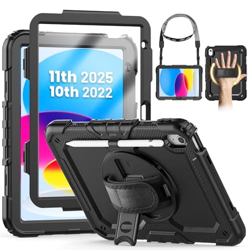 Image of SEYMCY Case for iPad (A16) 11th/10th Generation 2025 (11 inch)/2022 (10.9 inch), Full-body Shockproof with Screen Protector, 360° Rotating Stand & Hand Strap, Carrying Strap, Pencil Holder, Black