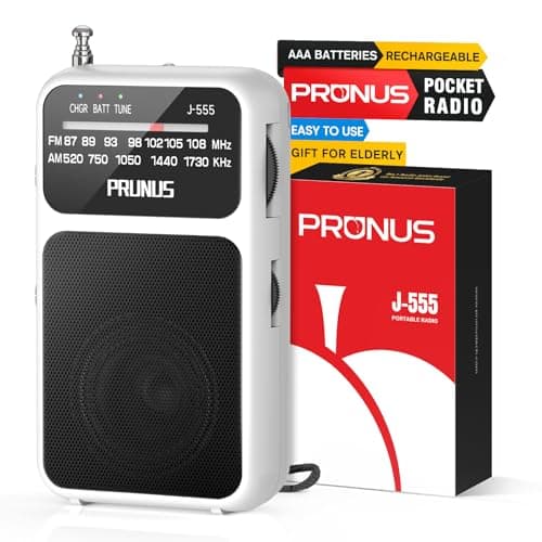 Image of PRUNUS J-555 Small Radio AM/FM with Rechargeable Battery & Battery Powered Radio(2AAA), Portable Radio Transistor with Excellent Reception & Headphone Jack, Back Clip, Flashlight for Elderly (White)