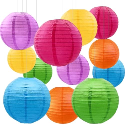 Image of 12pcs Rainbow Hanging Paper Lanterns,Colourful Round Paper Lanterns for Birthday,Baby Shower,Wedding,Party,Home Ceiling Decoration(4" 6" 8" 10" )