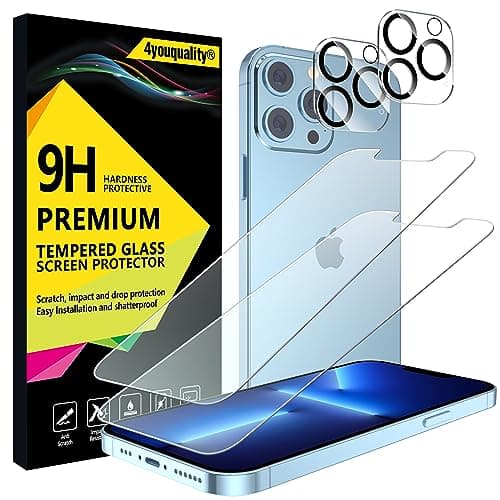 Image of 4youquality Screen Protector for iPhone 13 Pro Max with Camera Lens Protector, Tempered Glass Film, 2-Pack Each, [Impact-Resistant][Anti-Scratch][Anti-Shatter][Ultra-Clear]