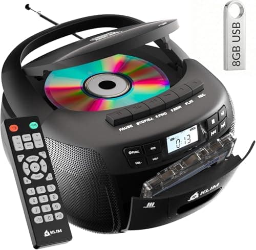 Image of KLIM CD Cassette Player with USB, Bluetooth Boombox, AM/FM Radio, Stereo Sound, Remote, CD and Cassette Combo, Tape Recording, USB Drive, AUX, AC/DC Powered
