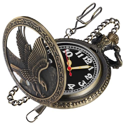 Image of Tiong Bronze Hollowed Out Eagle Quartz Men's Pocket Watch, Arabic Numeral Dial with Chain Pocket Watch for Men