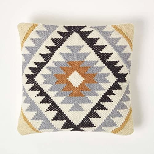 Image of HOMESCAPES Handmade Kilim Cushion Black & Gold Cushion with Feather Filling 45 x 45 cm (18 x 18”) Traditional Indian Heavyweight Handwoven Embroidered Wool & Cotton Cushion Cover with Feather Insert