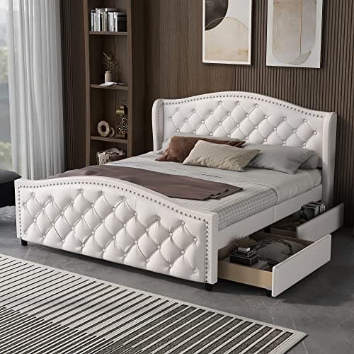 Image of ModernLuxe Double Bed Frame with Slatted Frame and 2 Drawers, Headboard with Pull Point Rivets, Upholstered Bed for Adults & Teenagers, Double Bed with Storage, Wood & Faux Leather, White, 135x190cm