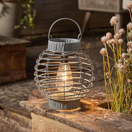 Image of Garden Mile Solar LED Lantern Lighting for Garden Hanging Rattan Effect Silver Light Table Lamp Large Warm White Lantern 23.5cm Outdoor Solar Powered Lamp