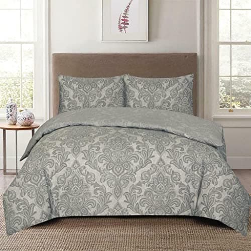 Image of SHAZ HOME Classic Designers Luxury Printed Bedding Set Quilt Cover with Fitted Sheet and Pillowcases 4 Piece Complete Duvet Set (Damask Grey, King)