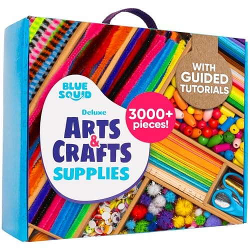 Image of Blue Squid Arts & Crafts Chest - 3000+ pcs Deluxe Craft Kits for Kids Supplies Box, 2 Drawers, 18 Compartments, Sturdy Handle - Art and Crafting Kit Kids Craft Set, School Supply for Ages 3-8, 9-12