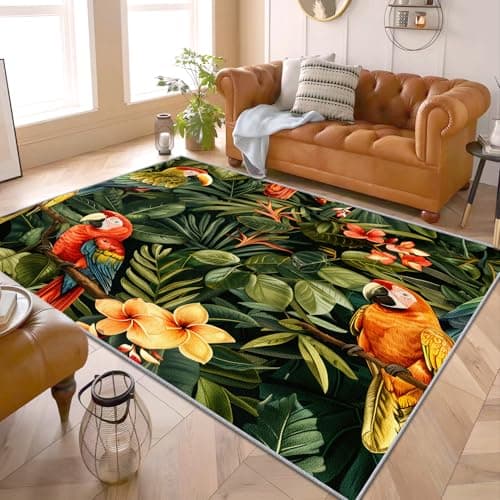 Image of PaxGloz Tropical Parrot Rug - Jungle Bird Rug, Rainforest Animal Rugs for Living Room Bedroom Kids Playroom, Washable Non Slip Soft Large Carpet, Patterned Area Rugs & Home Decor 100x150 cm