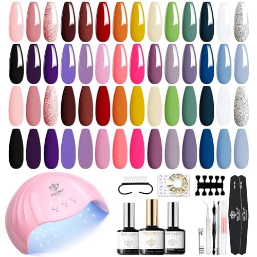 Image of Modelones Gel Nail Kit, 28 Colors Pink Red Gel Nail Polish Set with Lamp Starter Kit No Wipe Base & Top Coat Diy Home Nails Curing Gift For Women